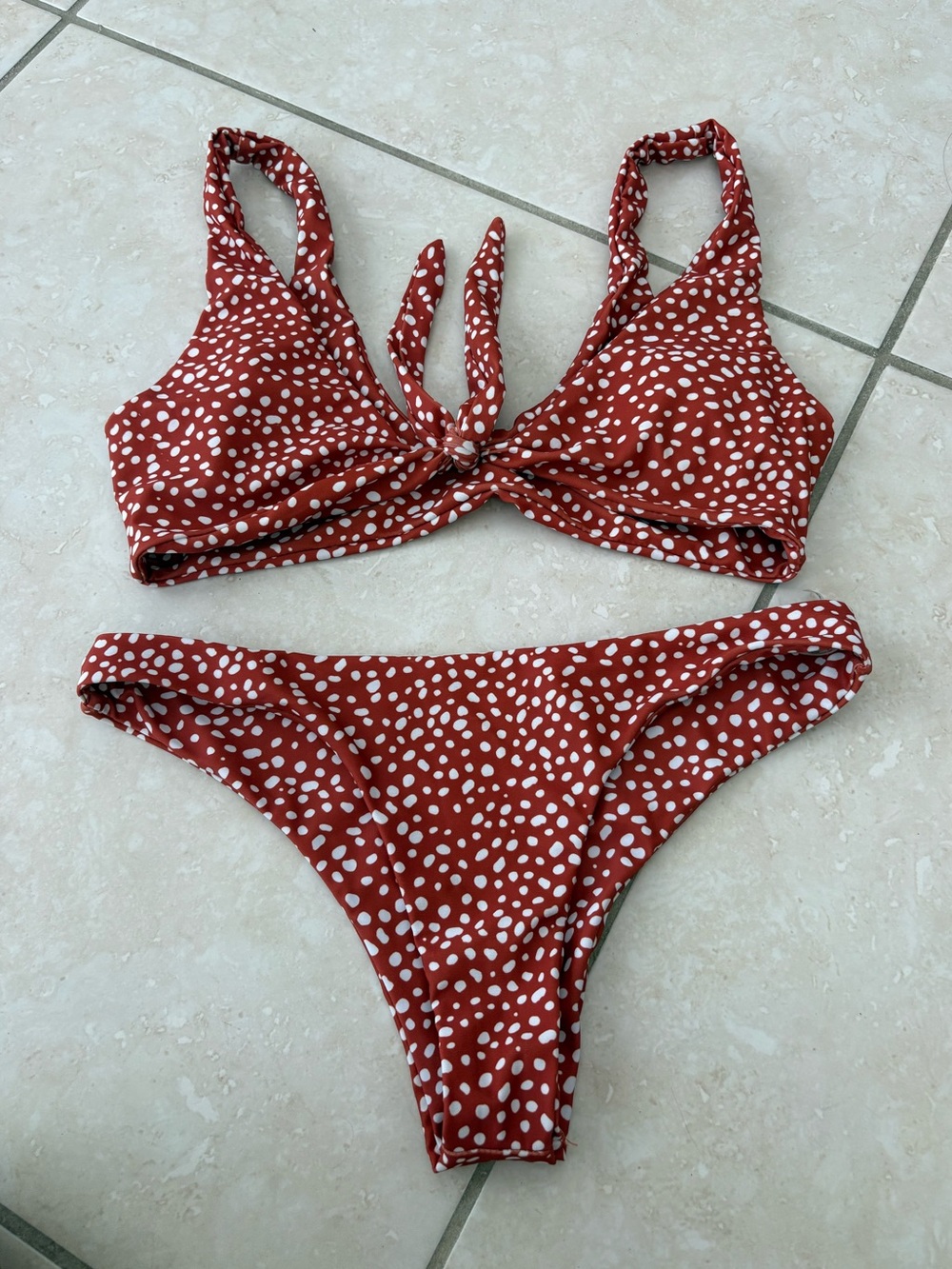 SHEIN Rusty Red Polka Dot Tie-Front Bikini Set
